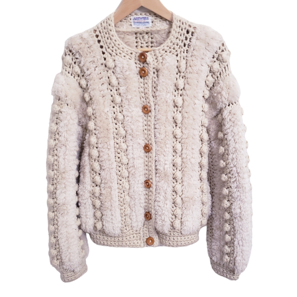 Vintage 70s Cream Crochet Button Jacket Sweater, Size S